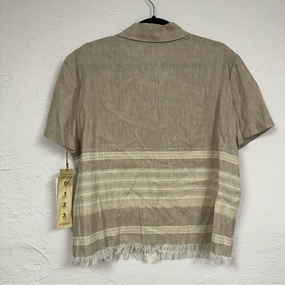 Vintage Beige & Cream Linen Button Down Shirt Womens 2 Short Sleeve Beachy Top - Picture 7 of 8
